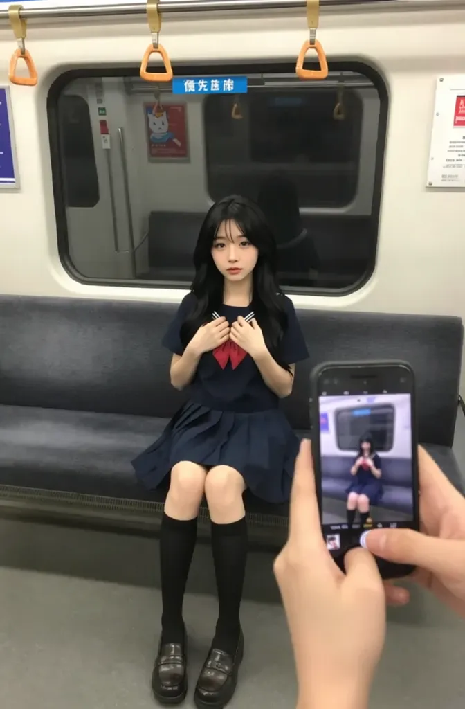 一位皮膚白皙、面容清純的中國18年輕女性，留著齊瀏海長黑髮，身著一套深藍色日系水手服，領口配有鮮紅色領結，搭配同色系百褶短裙、黑色長襪與深棕色皮質樂福鞋，她低頭坐在地鐵車廂內的深灰色絨面長椅上，雙手交疊輕輕按在領口與胸部位置，呈現出一種羞澀且內斂的坐姿，車廂背景為典型的日系地鐵內飾，上方設有銀色金屬扶手與橘色拉環，車窗玻璃上貼有藍色「優先座席」及其他各類彩色廣告貼紙，包含一張帶有貓臉圖案的海報，畫面右下方前景出現一雙手握持黑框智慧型手機，手機螢幕正對準該女性進行即時拍攝，呈現出「畫中畫」的構圖效果，採用正面全景鏡頭，室內地鐵日光燈均勻照明，寫實攝影風格，自然飽和度，高清晰度，強調偷拍或紀錄感的場景氛圍，f/4.0光圈，標準視角。
