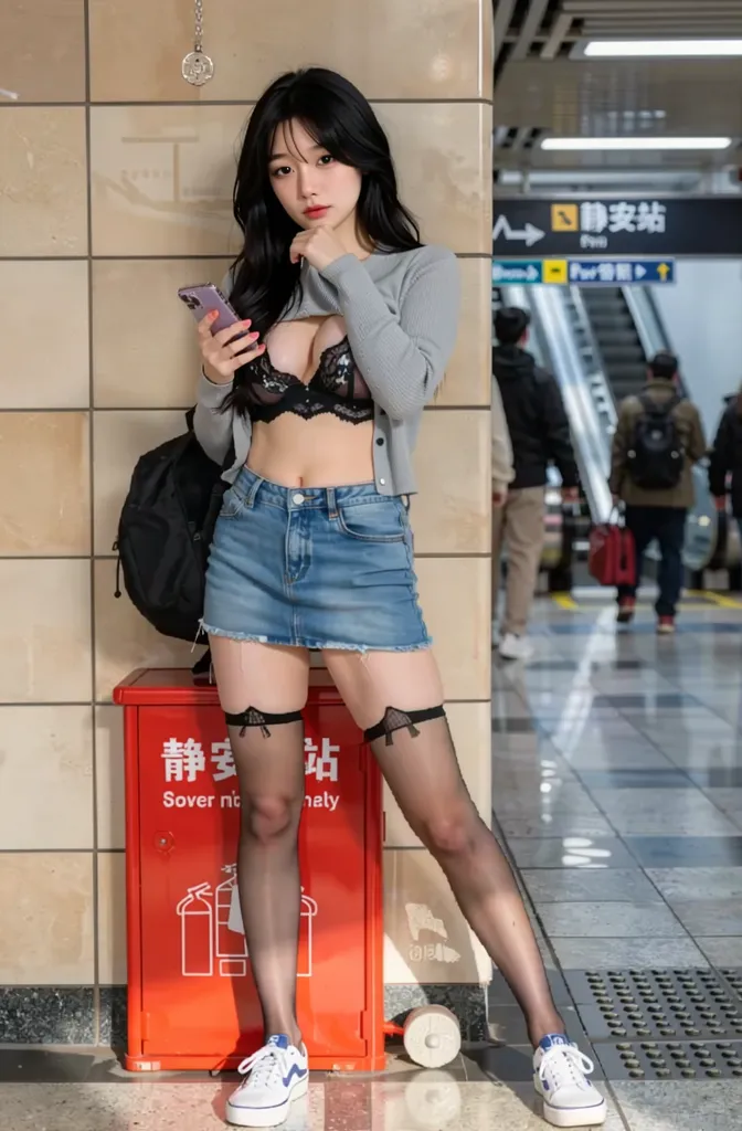 19岁中国女子，通体雪白，极致冷白皮，清纯可爱脸蛋，大眼睛水润动人，overexposure

上海静安寺地铁站换乘通道，下班高峰刚过人流渐稀，明亮的冷色调灯光投射在米色瓷砖墙面，一个看似刚下班的白领女孩靠在通道拐角的消防栓旁低头看手机，她穿着浅灰色紧身针织开衫里面是黑色蕾丝情趣内衣，乳房镂空露出乳头，浅蓝色牛仔超短裙太短而露出大腿根部的白皙肌肤，黑色半透明丝袜在膝盖处有一小道勾丝的痕迹，Vans白色帆布鞋随意的踩在地上。女孩似乎刚发现手机屏幕反射出身后有人经过，抬起头的瞬间眼神里闪过一丝惊慌地看向镜头，但她的手却刚好停留在腰间没有真正拉下裙角，脸颊因为通道里的闷热泛着自然的红晕，微微张开嘴唇轻轻呼出一口气，背包随意地滑到手肘位置正好挡住了部分视线却又制造出欲盖弥彰的效果。通道里偶尔有拖着行李箱的旅客从她身边经过，模糊的身影在她的余光里成为紧张感的来源，她能听到远处自动扶梯的机械声和自己的心跳声，墙上的“静安寺站”标识和方形的灭火箱红色在暖光中格外醒目，她悄悄调整站姿将膝盖微微分开又并拢，丝袜在灯光下反射出暧昧的光泽，针织开衫的一颗纽扣不知何时松开了露出锁骨下方一小片肌肤和蕾丝边缘，她咬住下唇用余光扫视四周确认没人注意才假装不经意地拢了拢衣领，但手指的颤抖泄露了内心的紧张和那种公共场合隐秘展露带来的微妙兴奋感。